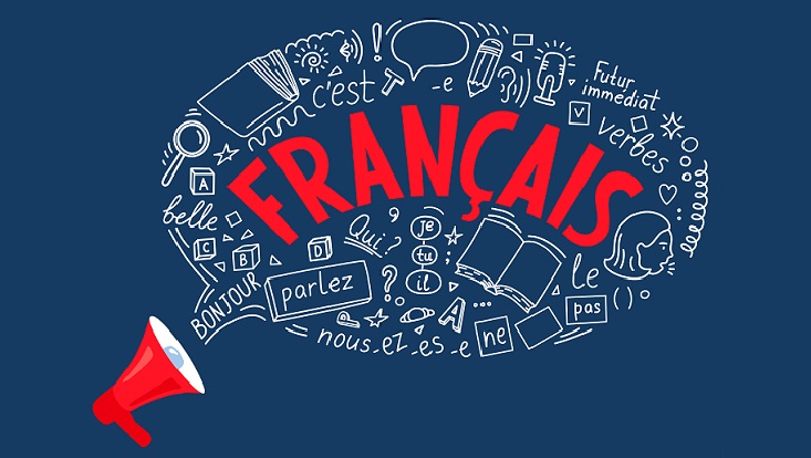 Sprechblase mit französischen Wörtern und Icons