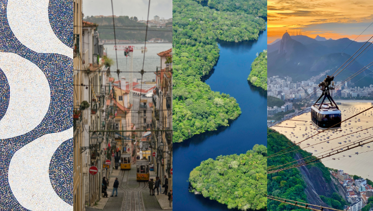 Collage aus vier Landschafts- und Stadtbildern aus Portugal.