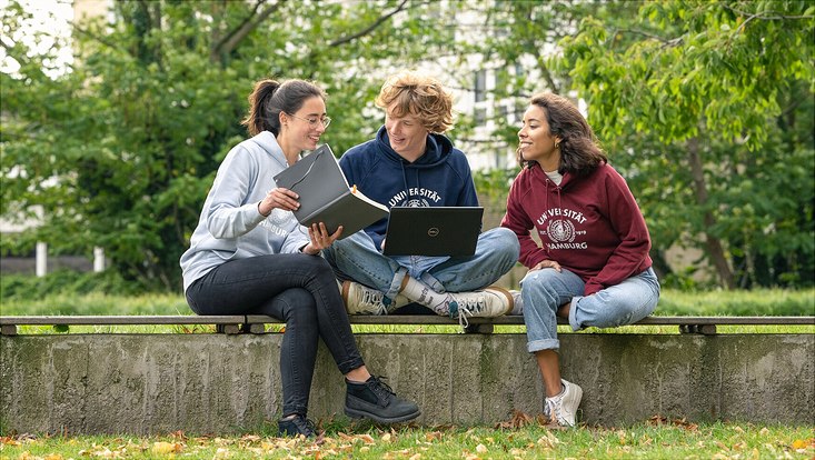 Drei Studierende sitzen draußen und unterhalten sich. Eine Person hält einen Laptop und eine andere hält ein Notizbuch.