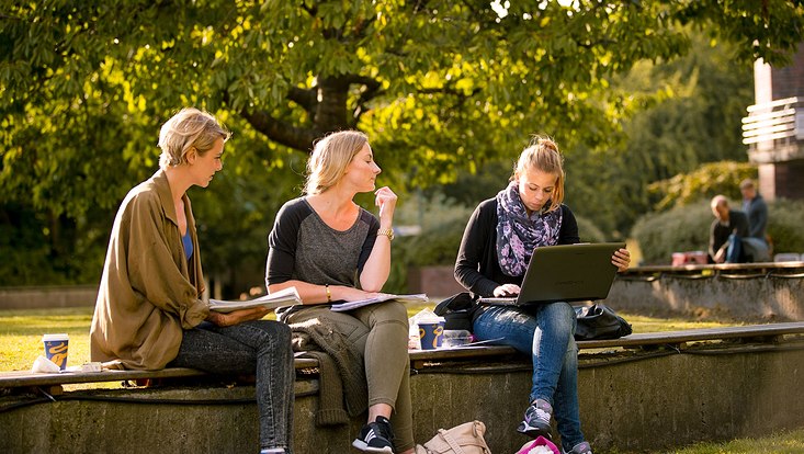 Drei Studierende sitzen draußen und unterhalten sich. Eine Person hält einen Laptop und zwei andere halten Notizbücher.