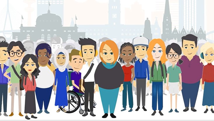 Cartoonansicht von vielen Menschen