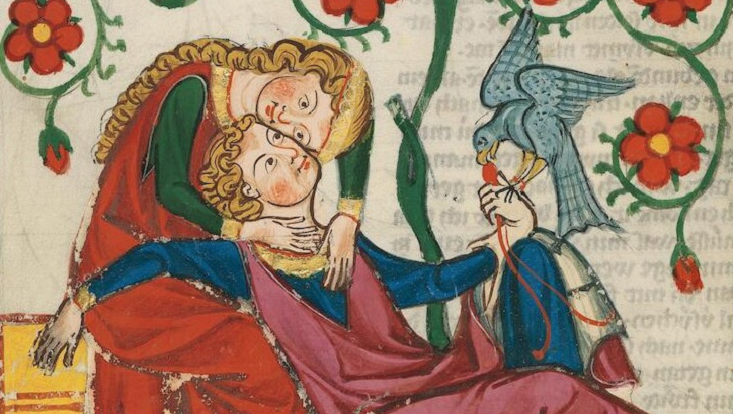 Zwei Liebende aus einem mittelalterlichen Gemälde, Universitätsbibliothek Heidelberg, Cod. Pal. germ. 848 Große Heidelberger Liederhandschrift (Codex Manesse) — Zürich, ca. 1300 bis ca. 1340